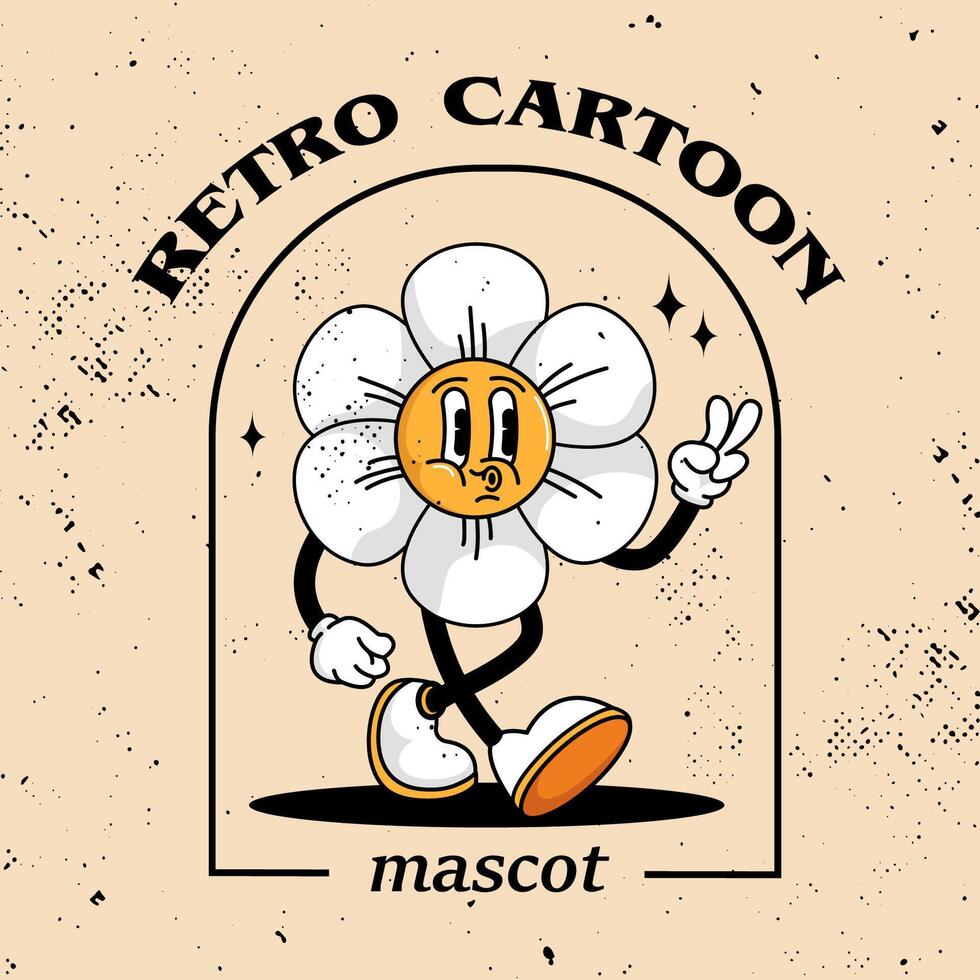 Retro cartoon groovy walking smiling daisy flower mascot showing two fingers - peace sign. Retro vintage banner. illustration in vintage retro style vector