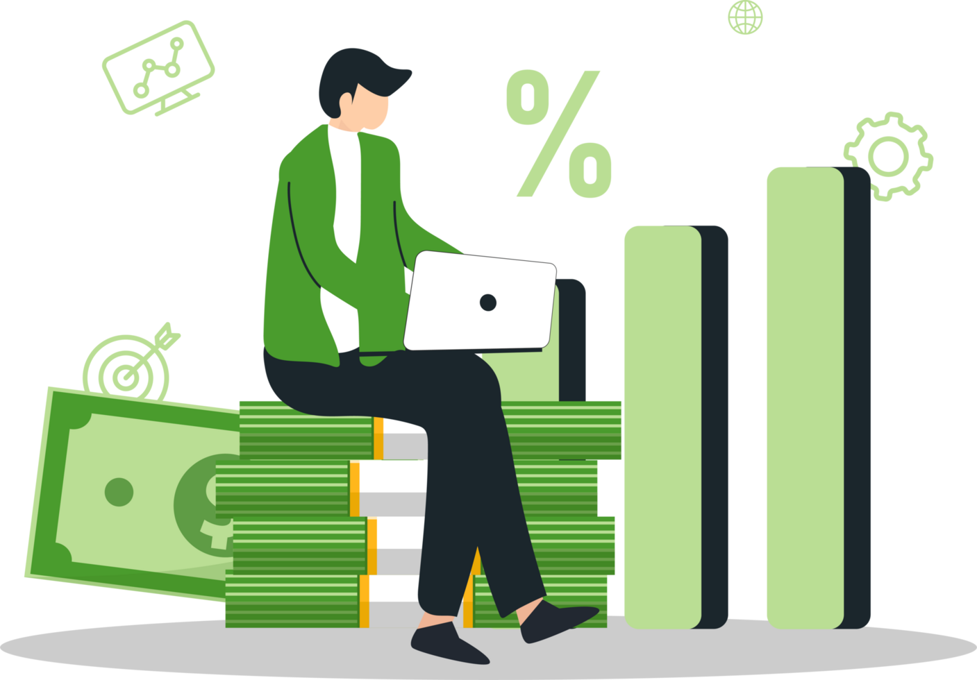 money illustration investment data. research strategy invetsment youn people analysis stock market for income profitable. isolated on white background. png