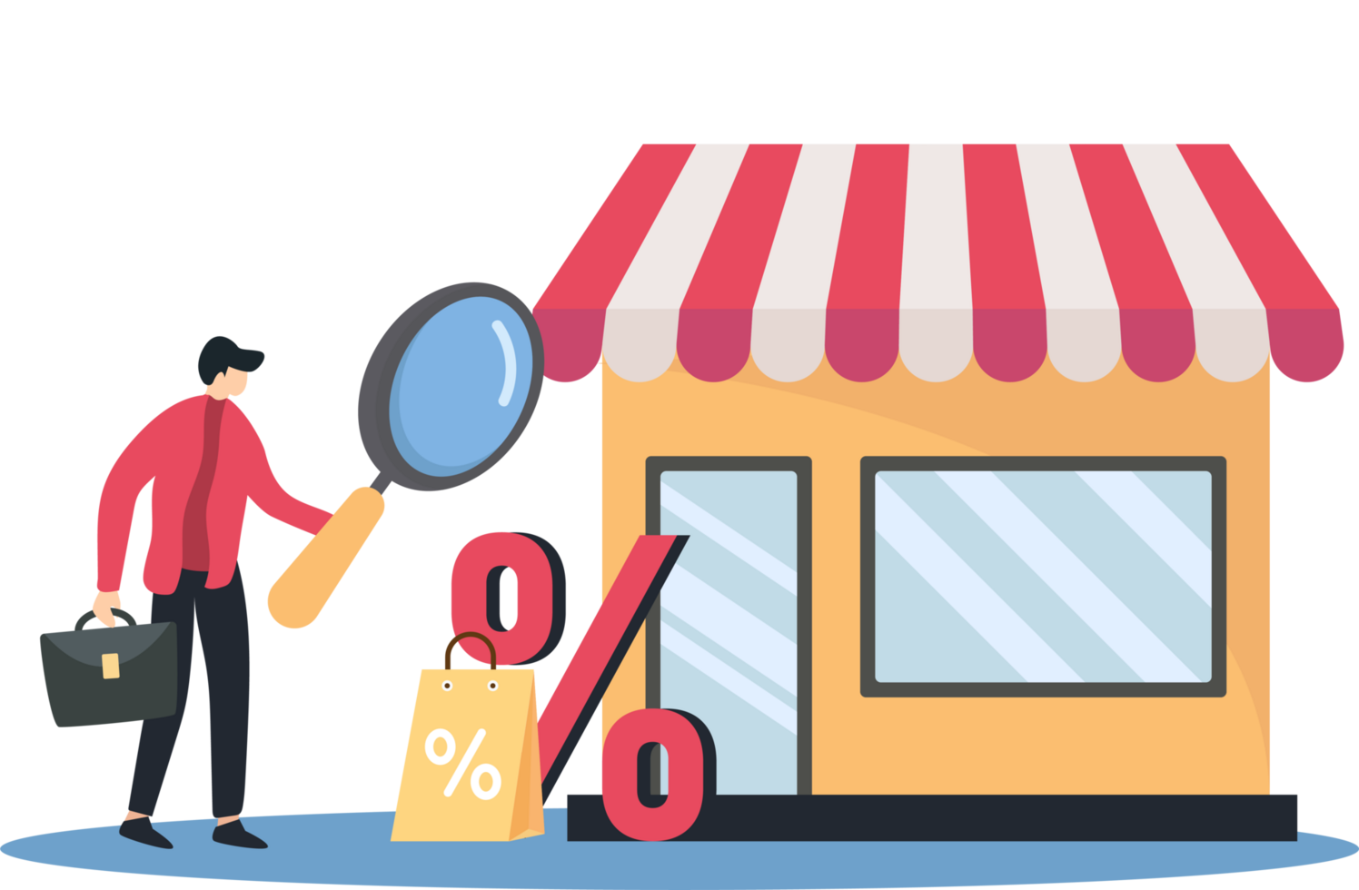 A man with reading magnifying glasses and a suitcase is looking for a store discount. business concept online shop. png