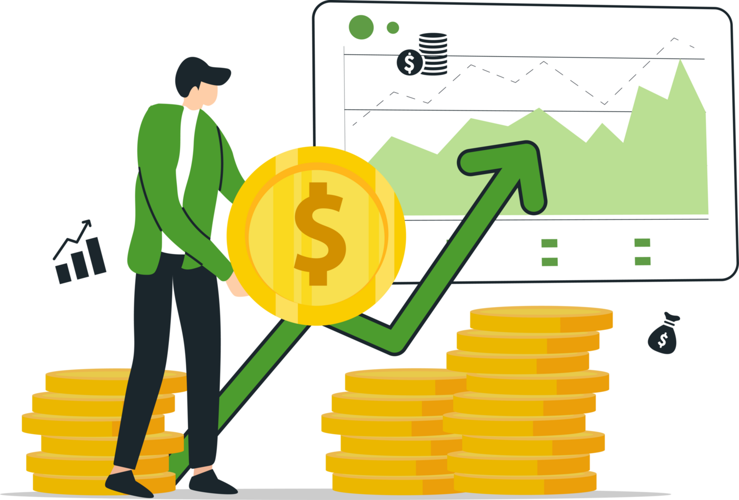 Finance business golden coin with graph man holding coin sign dollar. growth finance png