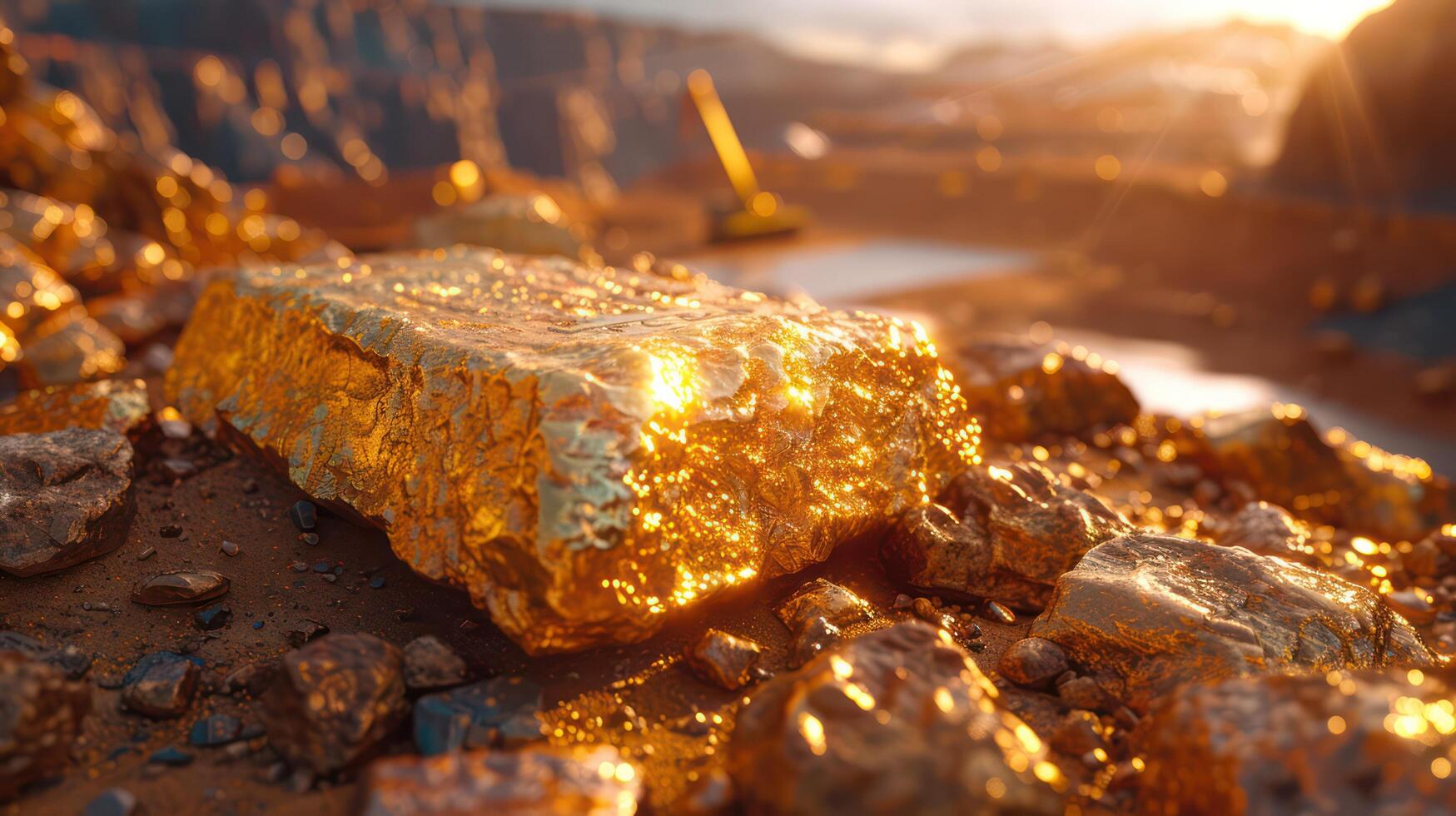 Mountain of gold bars in a mining field During the day, there are cranes and trucks in the background, all golden and bright. photo