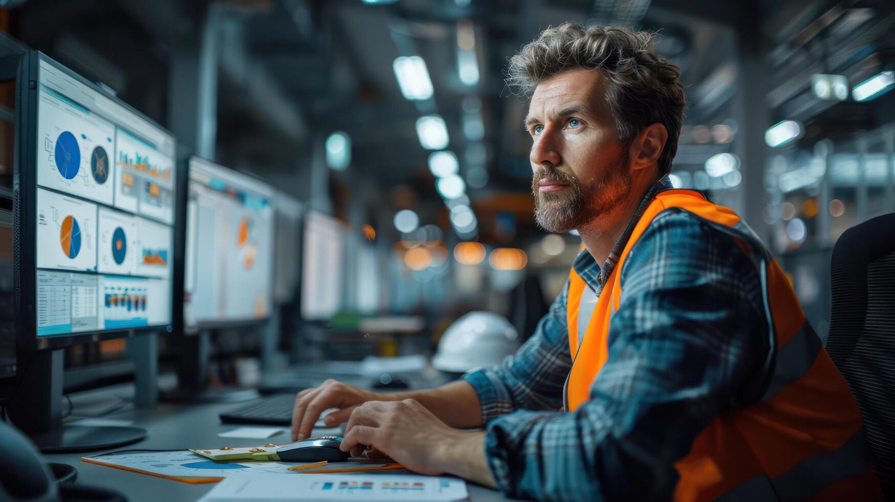 A Engineer sitting at desk in front of monitor in modern office space The display is slightly blurry with depth of field blurring. On the monitor were some charts and diagrams. photo