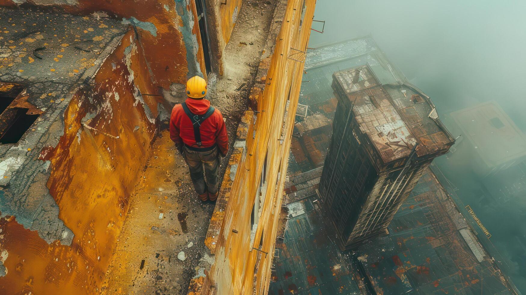 A man in a yellow helmet stands on a ledge of a building photo