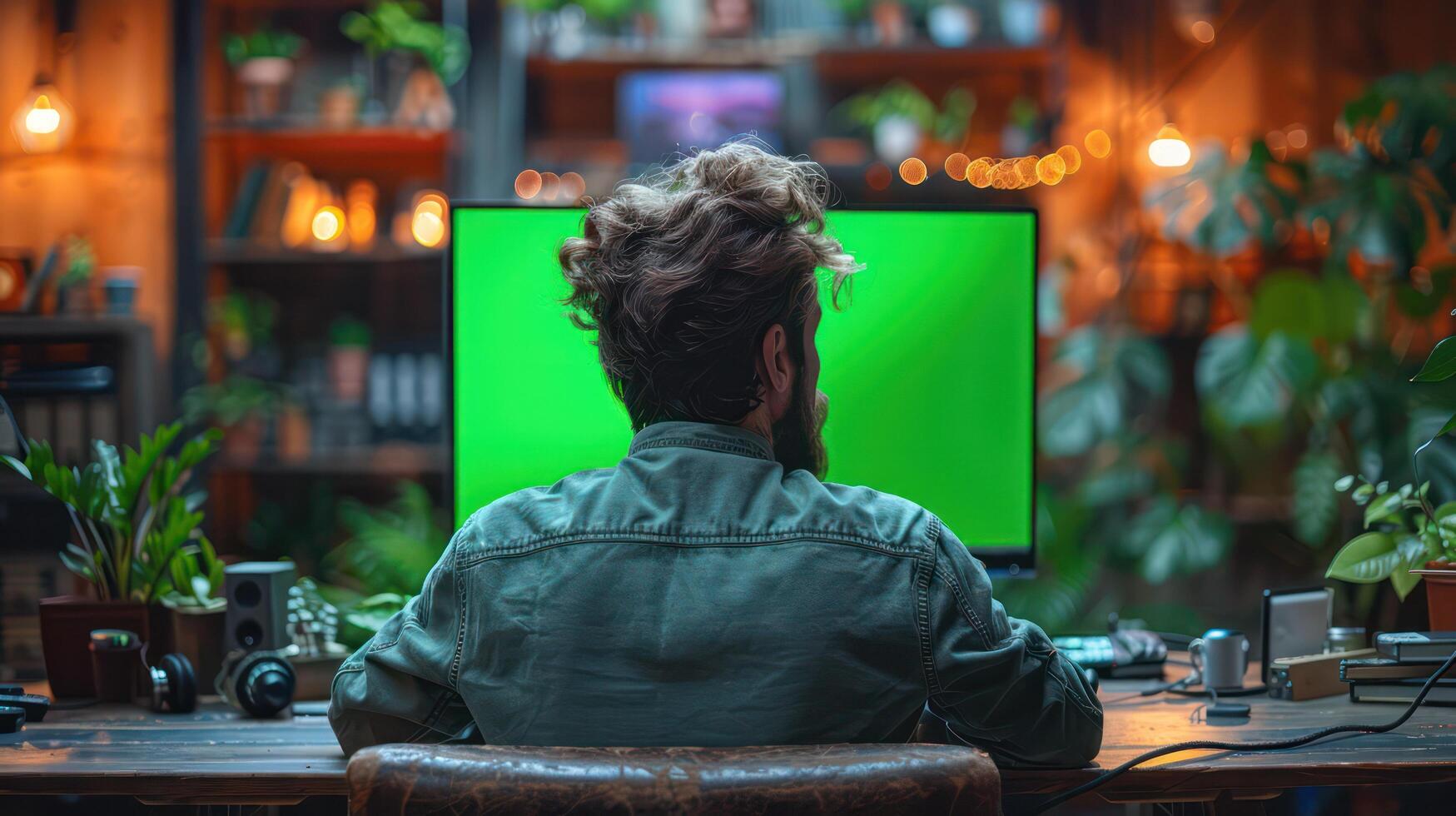 A man working with computer A green screen appears on the monitor to facilitate post-production editing. Professional atmosphere Focused work environment photo