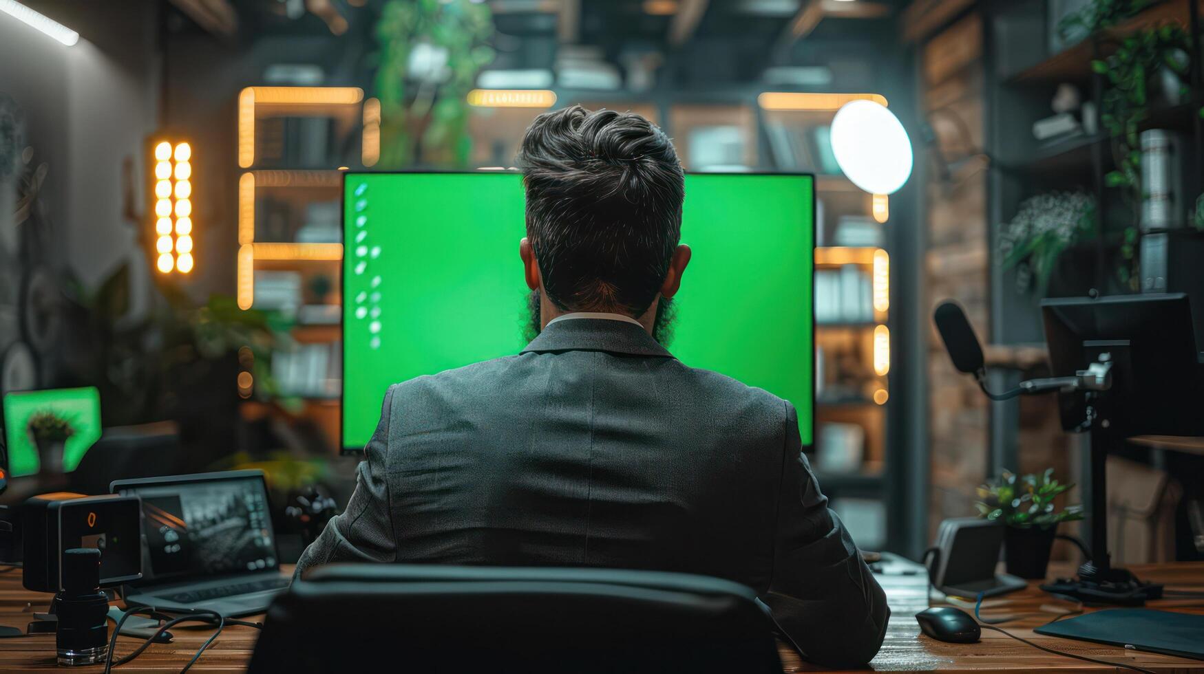 A man working with computer A green screen appears on the monitor to facilitate post-production editing. Professional atmosphere Focused work environment photo