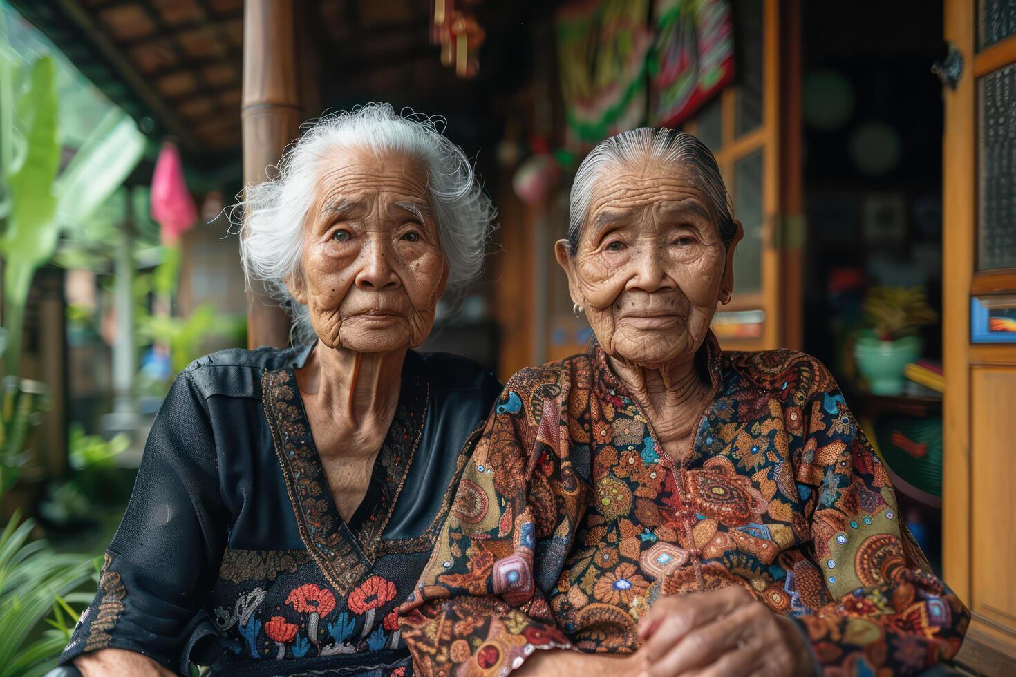 Two old women A bright smile on the face They looked happy and satisfied. photo
