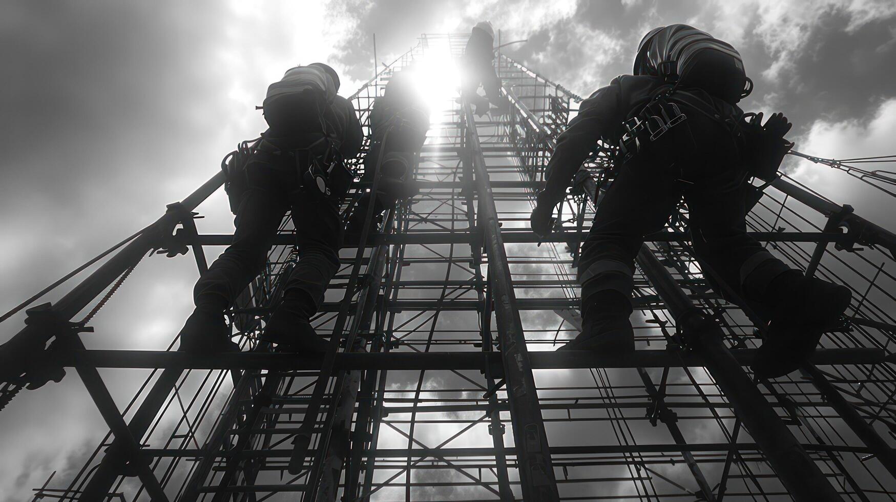 Safety harnesses help keep workers safe as they climb to heights. By their movements synchronized with the rhythm of the construction site. photo