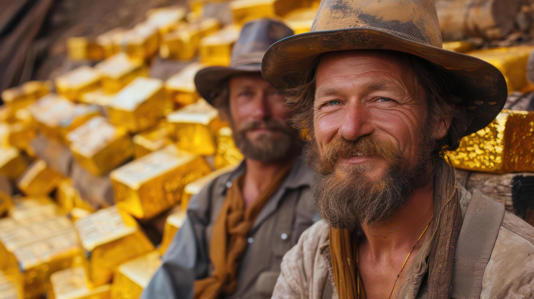Miners pose proudly in front of the mountain of gold bars they dug up. photo