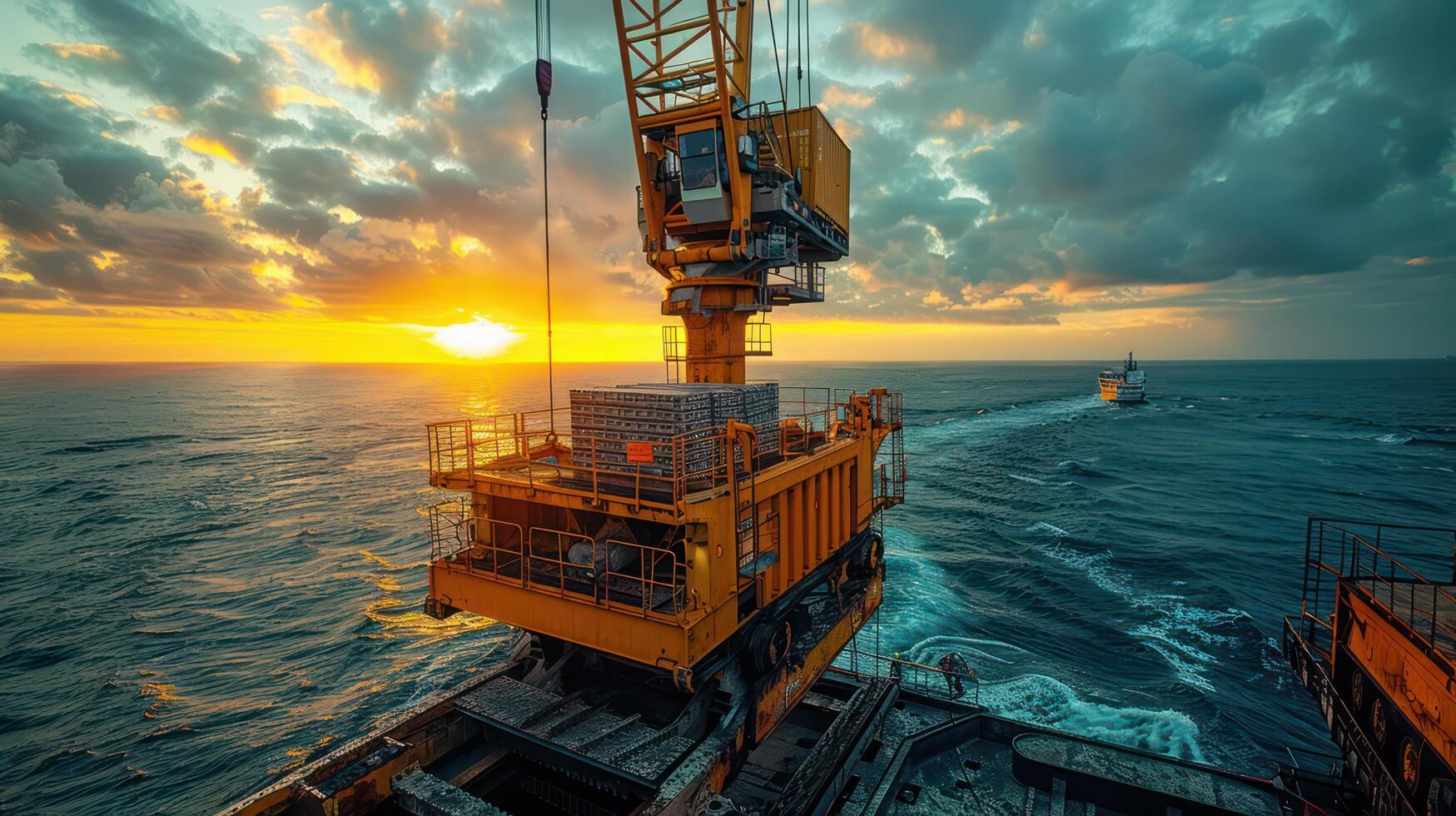 A crane is on a platform in the ocean photo