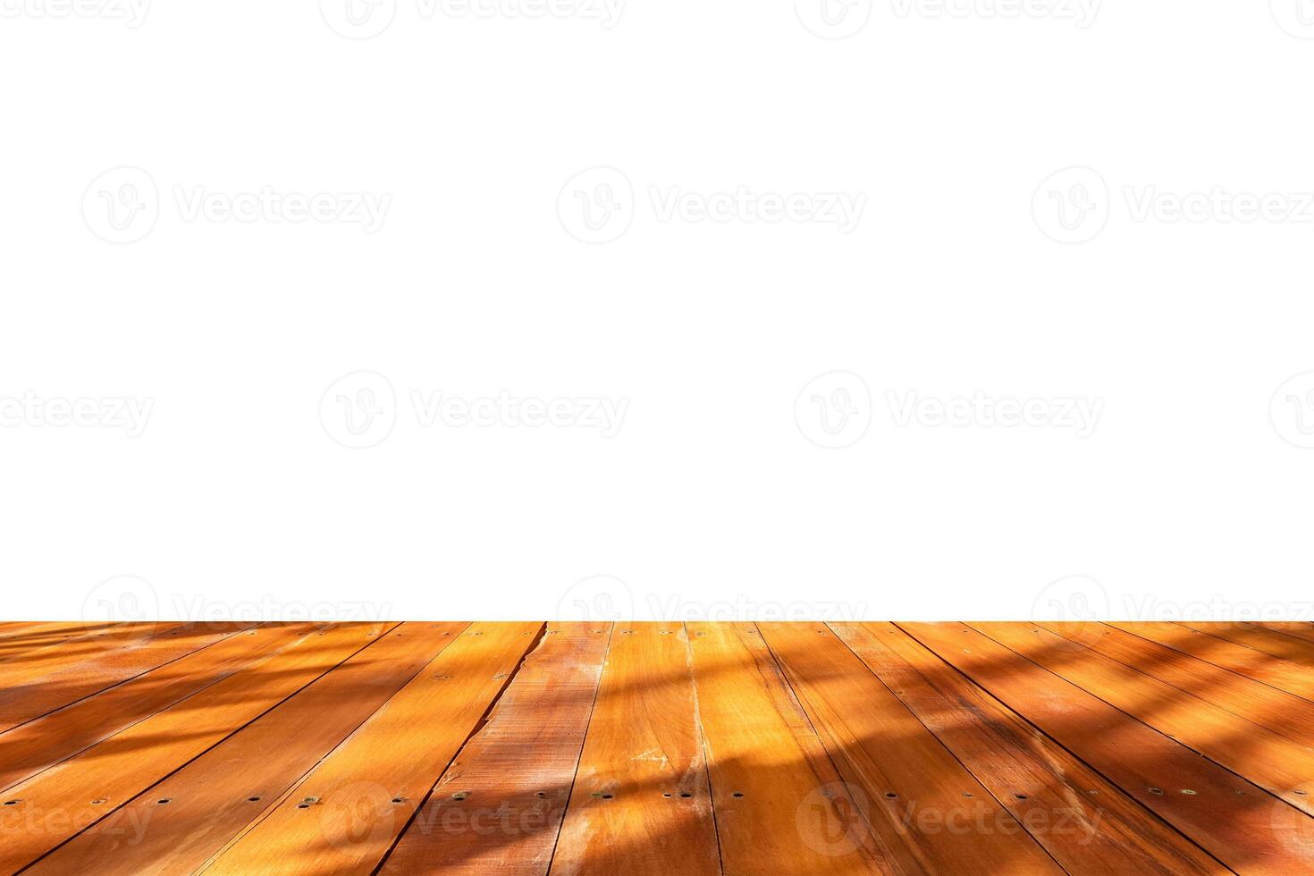 Empty wooden table top isolated on white background for montage product display photo