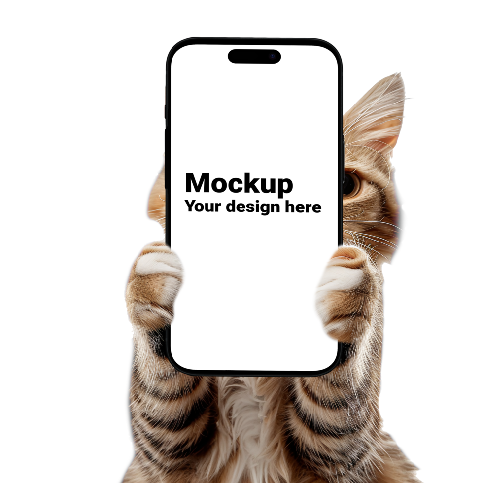 Mockup of black smartphone in the cat paws with no background psd