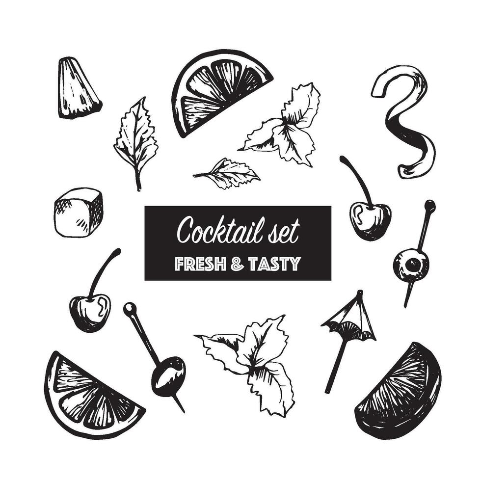 Slices of fruits for decoration of cocktails. Hand drawn summer set, orange, grapefruit, pinapple, spiral peel of orange and piece lime. Set for menu, invitations, vacation design. vector