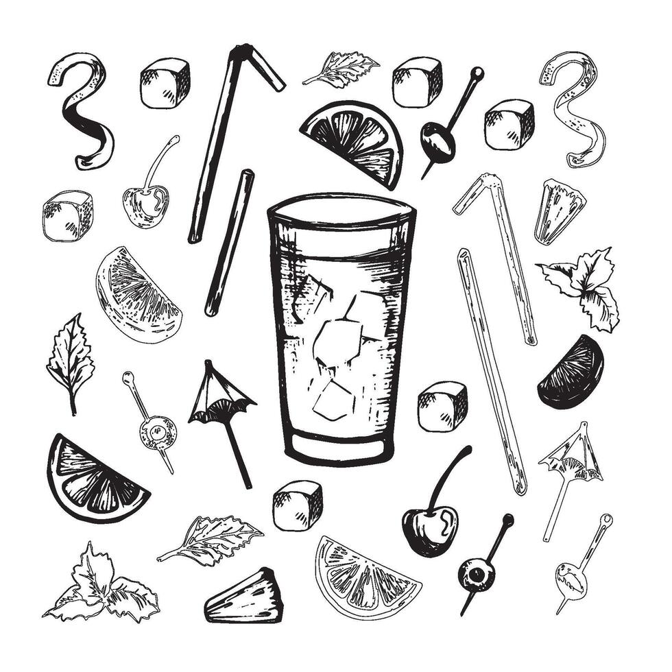 set of alcohol popular cocktails with slices of fruits and decoration of cocktails. Hand draw. Isolated, high resolution elements for summer menu, invitations, vacation design. vector