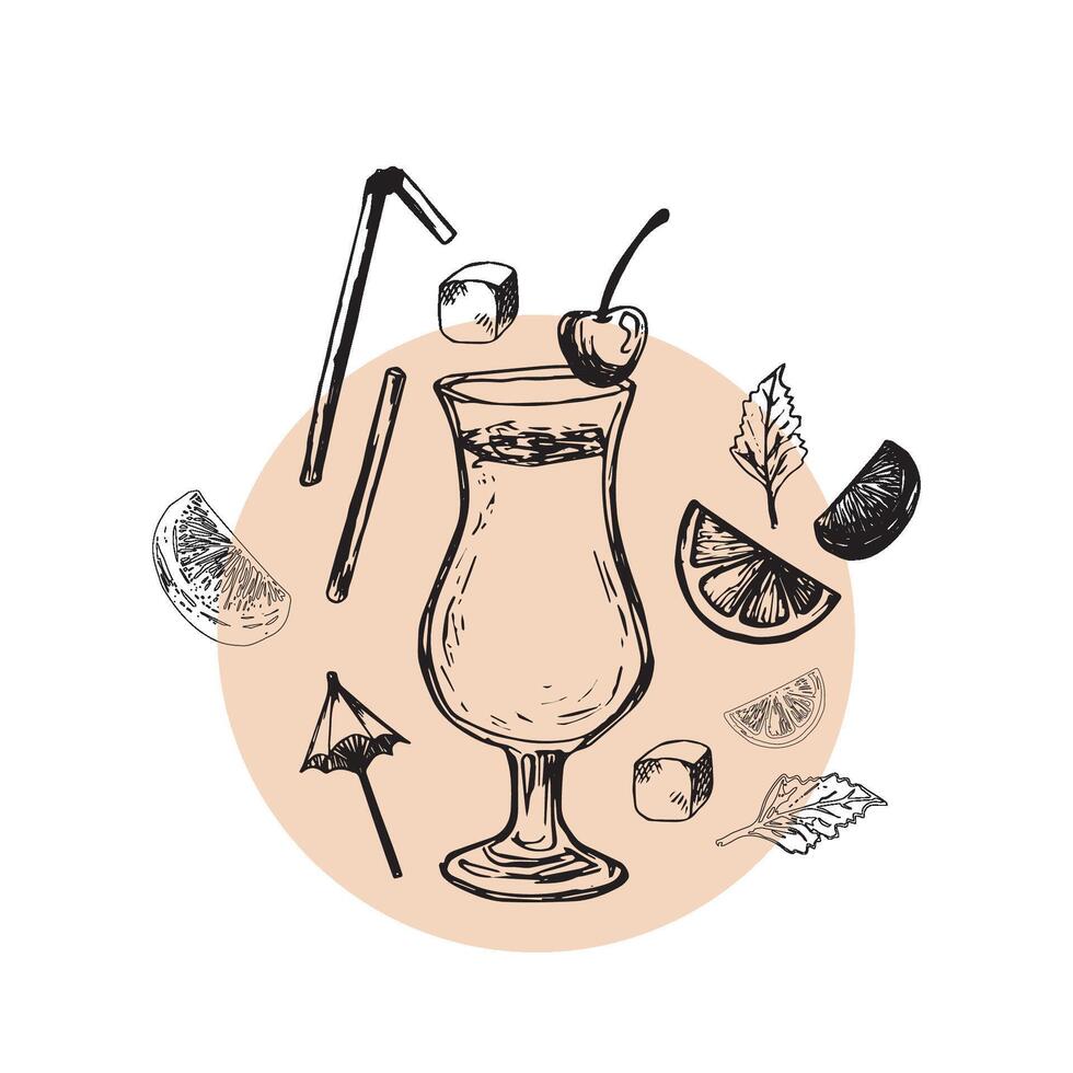 layout with alcohol cocktails and fruits and decoration of cocktails. Hand draw. Isolated elements for summer menu, invitations, vacation design. vector