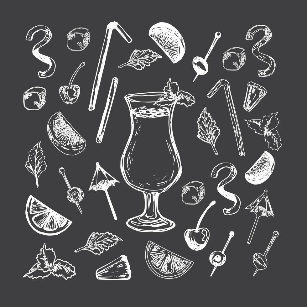 set of alcohol popular cocktails with slices of fruits and decoration of cocktails. Hand draw. Isolated, high resolution elements for summer menu, invitations, vacation design. vector