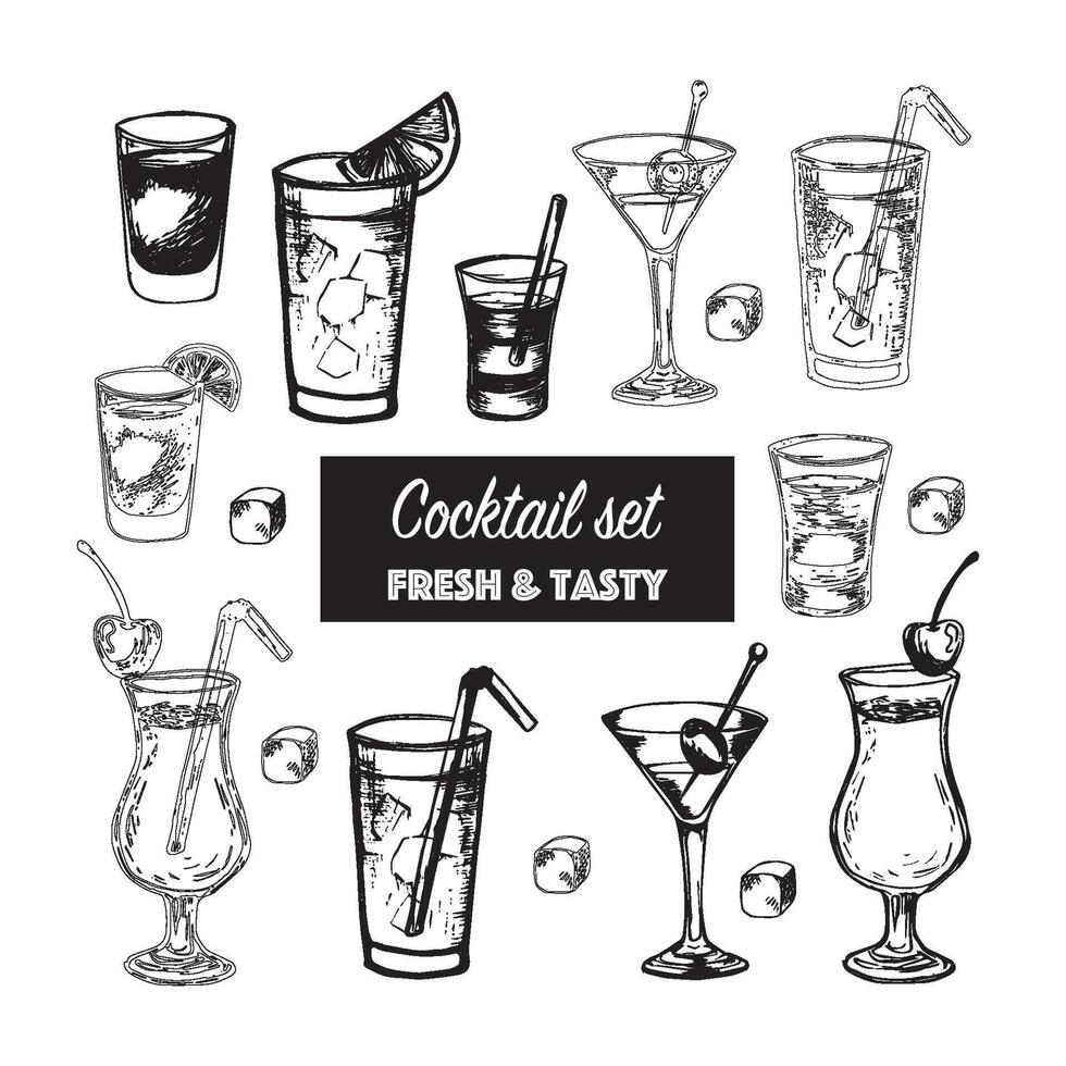 set of alcohol popular cocktails with slices of fruits and decoration of cocktails. Hand draw. Isolated, high resolution elements for summer menu, invitations, vacation design. vector