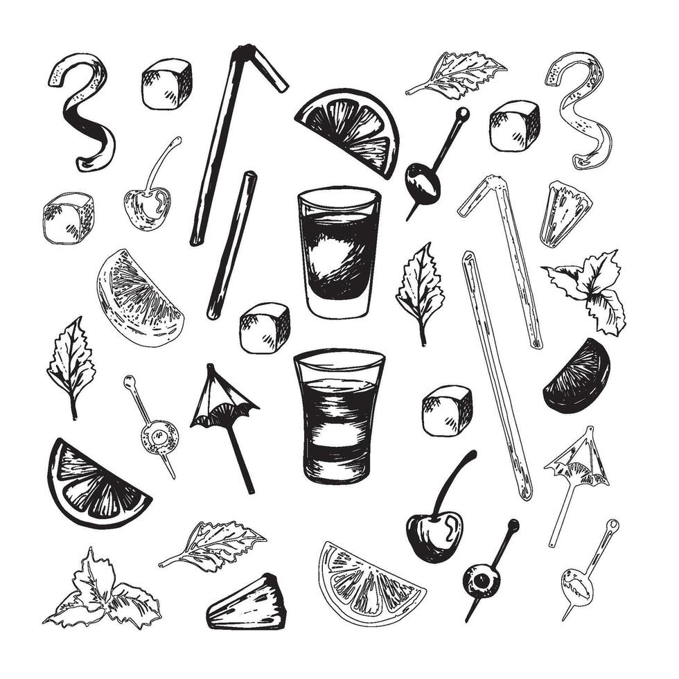 set of alcohol popular cocktails with slices of fruits and decoration of cocktails. Hand draw. Isolated, high resolution elements for summer menu, invitations, vacation design. vector