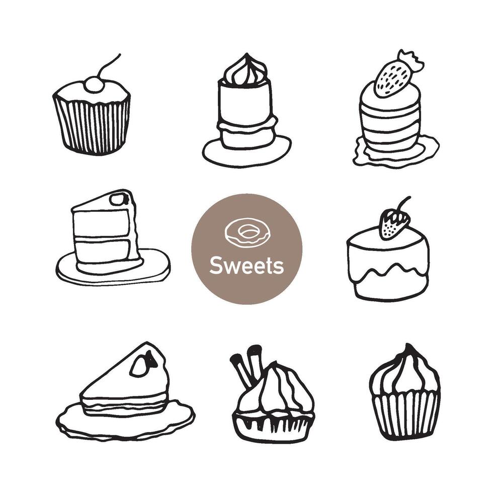 Set of hand drawn cupcake, muffin and cakes. Doodle illustration in cute scandinavian style. Element for greeting cards, posters, stickers and seasonal design. Isolated on white background vector