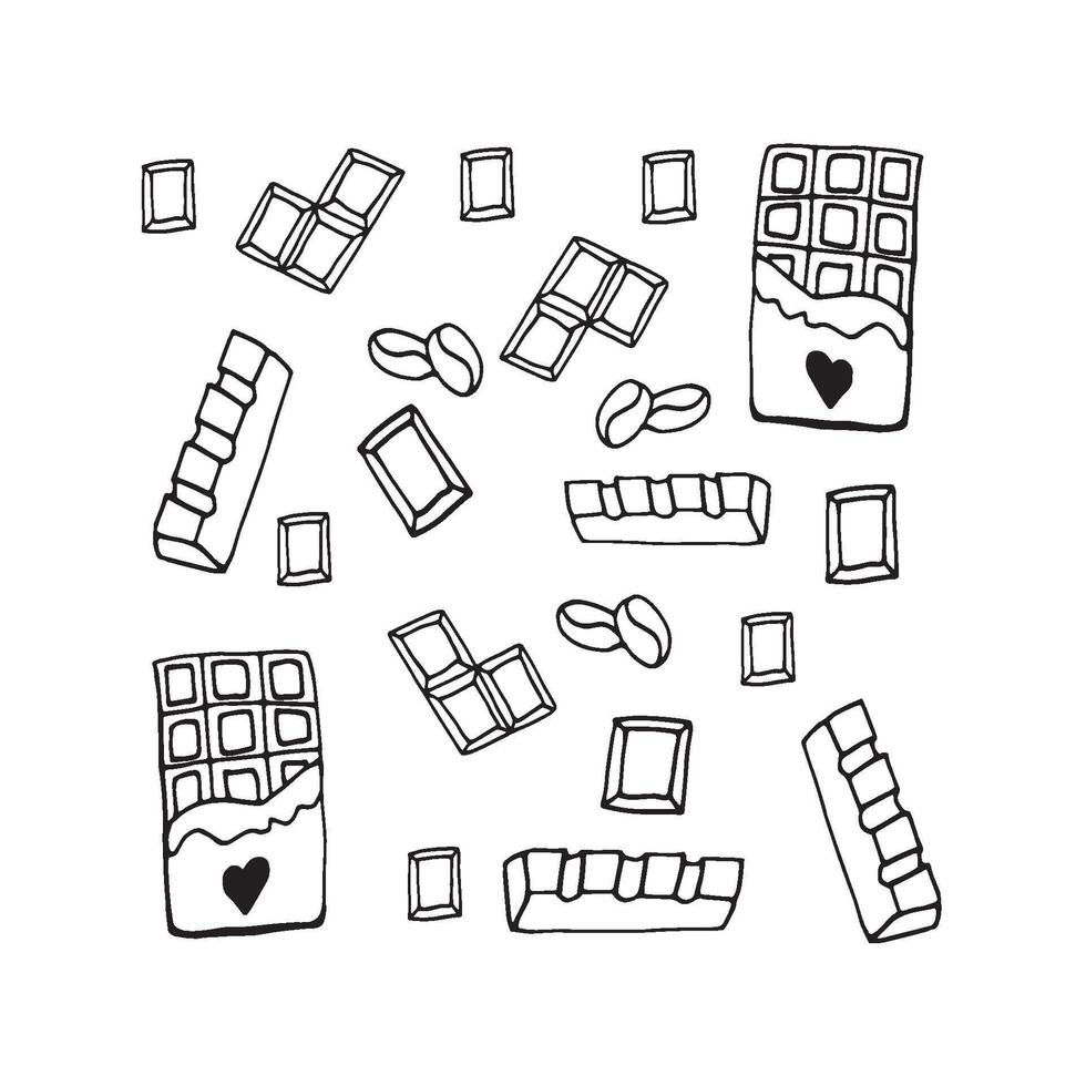 Set of hand drawn elements chocolate with heart for recipe, culinary design. vector