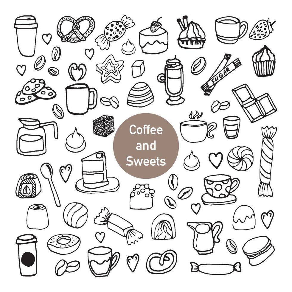 Tasty hand dawn set with coffee, cacao, warm beverage and candy. Doodle icon set for winter design and decoration. Isolated on white background vector