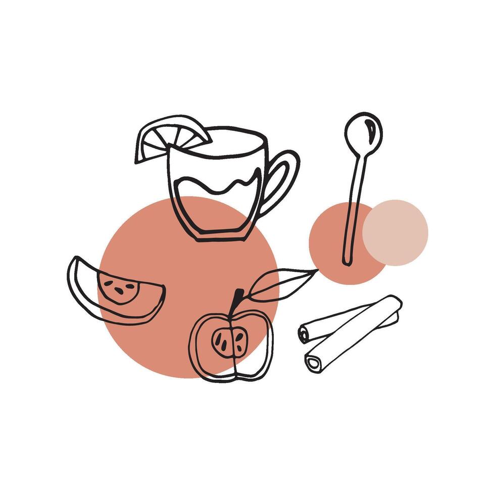 Tasty hand dawn set with mulled wine and ingredients. Doodle icon set for winter design and decoration. Isolated on white background vector
