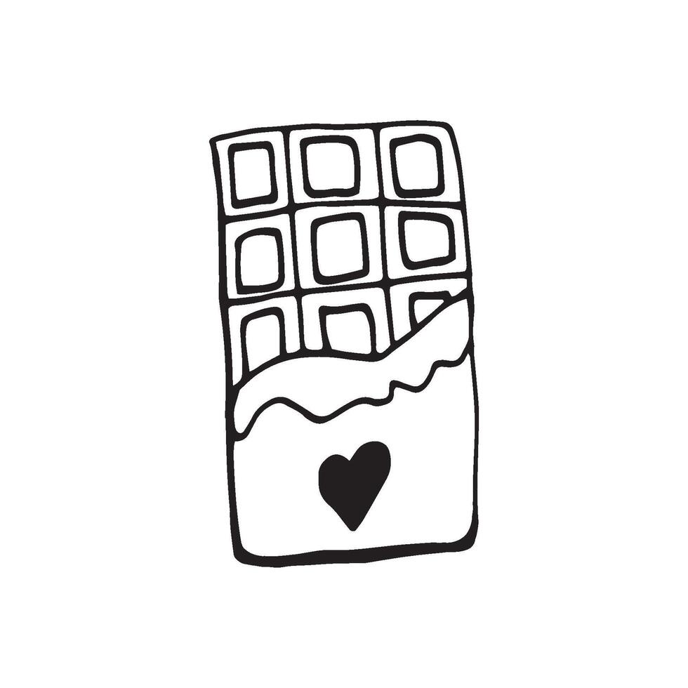 Single hand drawn element chocolate with heart for greeting cards, posters, stickers and seasonal design. Isolated on white background. Doodle illustration. vector