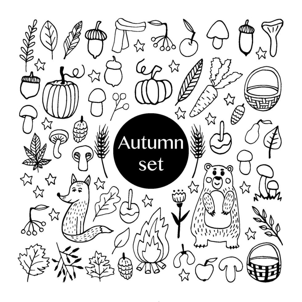 Cute doodle autumn set with acorns, leaves, mushrooms, baskets, cute animals, pumpkins and other gifts of fall. Hand drawn illustration for greeting cards, posters and seasonal design. vector