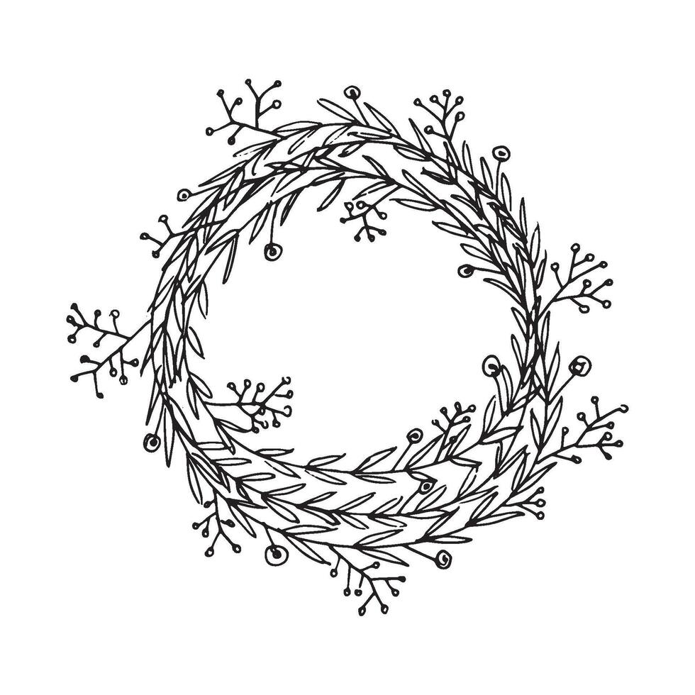 Cute hand drawn round frame with floral elements, herbs, leaves, flowers, twigs, branches. Doodle illustration for wedding design, logo and greeting card. vector