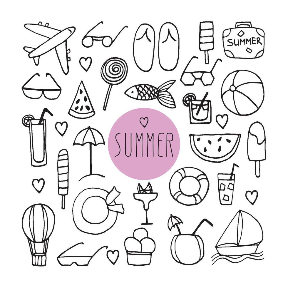 Big set of hand drawn summer doodle with suitcase, flip flops, sunglasses, airplane, cocktails, hat, lifeline, sailboat, balloon, fish and ice cream. Travel illustrations on white background. vector