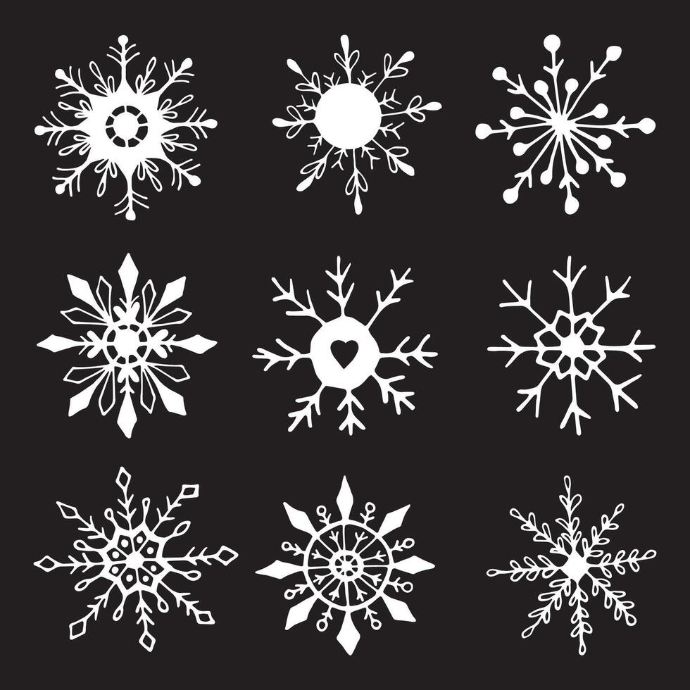 Cute hand drawn set of snowflake. Doodle illustration. Winter element for greeting cards, posters, stickers and seasonal design. Isolated on black background vector