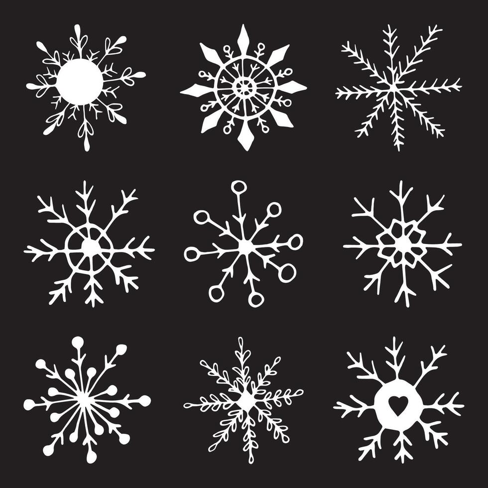 Cute hand drawn set of snowflake. Doodle illustration. Winter element for greeting cards, posters, stickers and seasonal design. Isolated on black background vector