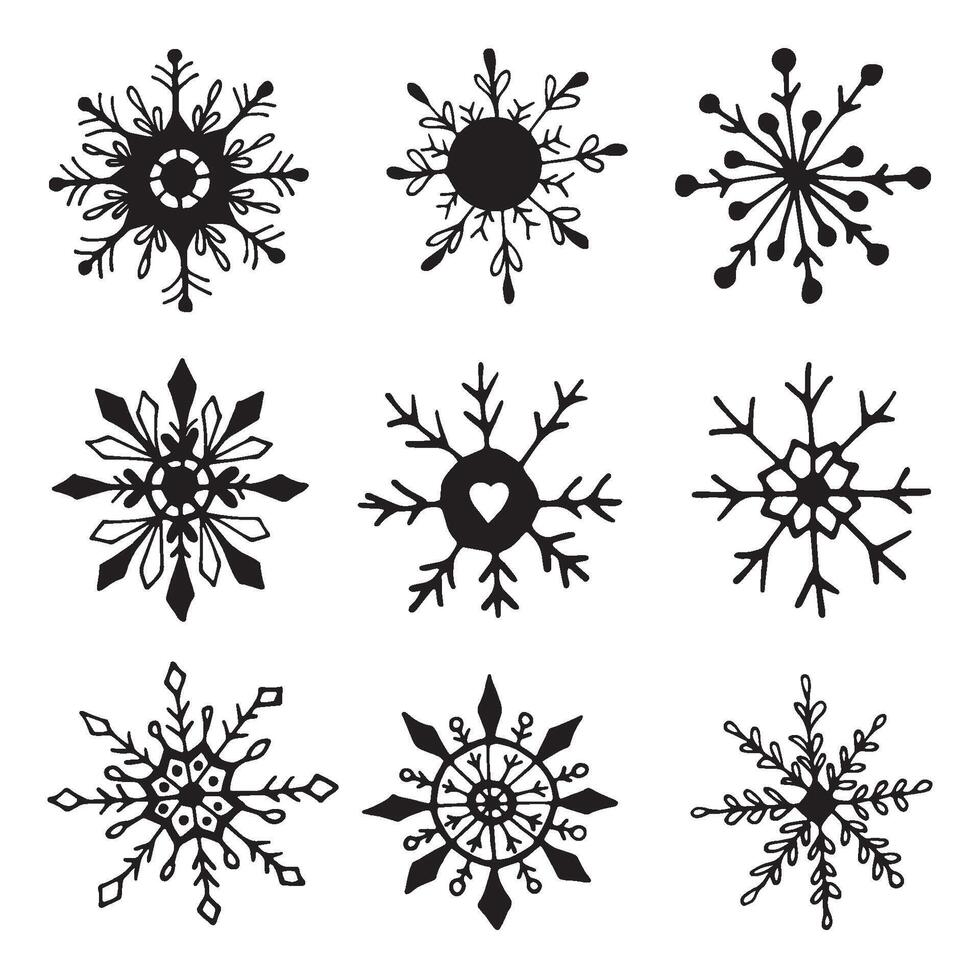 Cute hand drawn set of snowflake. Doodle illustration. Winter element for greeting cards, posters, stickers and seasonal design. Isolated on white background vector