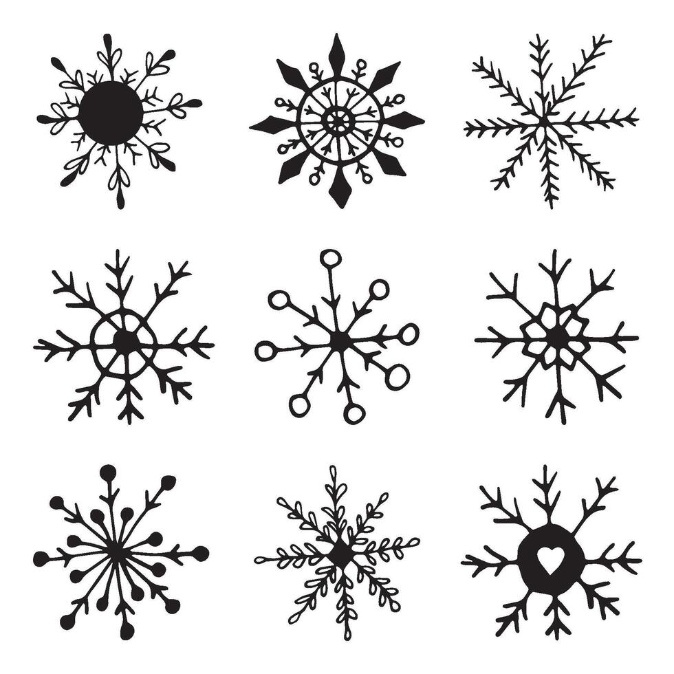 Cute hand drawn set of snowflake. Doodle illustration. Winter element for greeting cards, posters, stickers and seasonal design. Isolated on white background vector