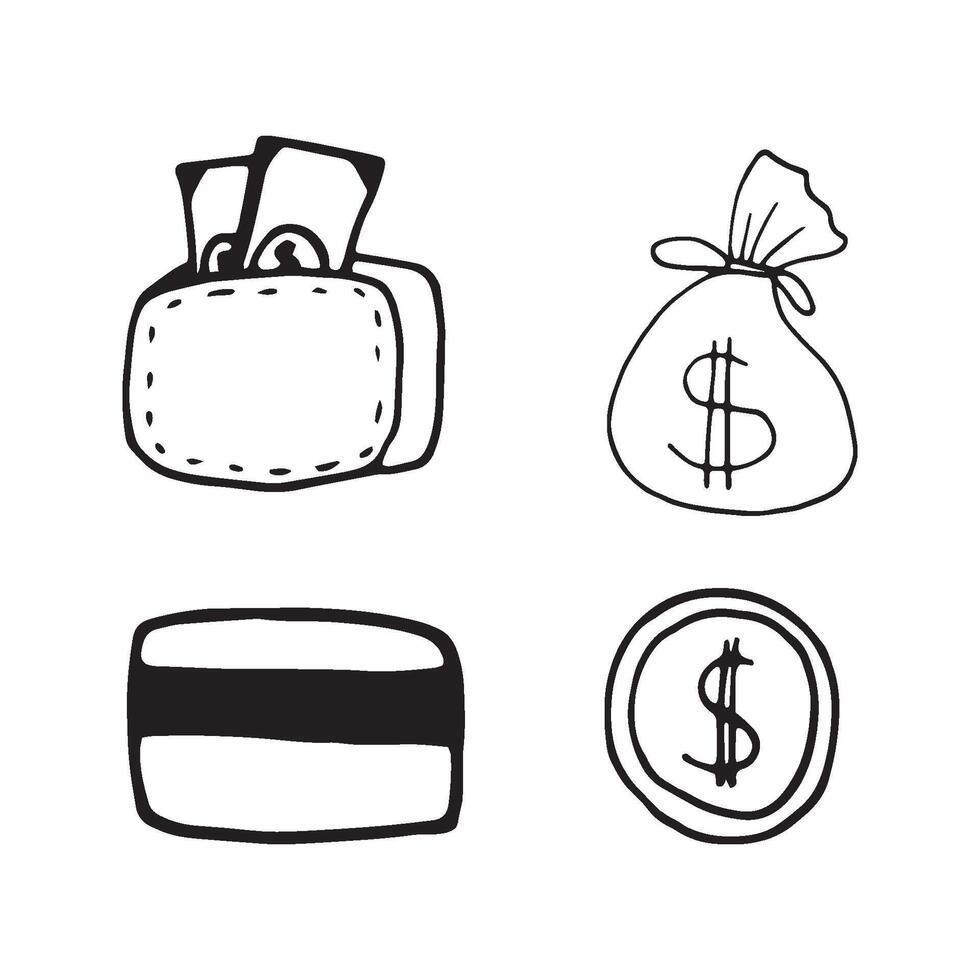 Set elements of money in doodle business set. Hand drawn illustration for cards, posters, stickers and professional design. vector
