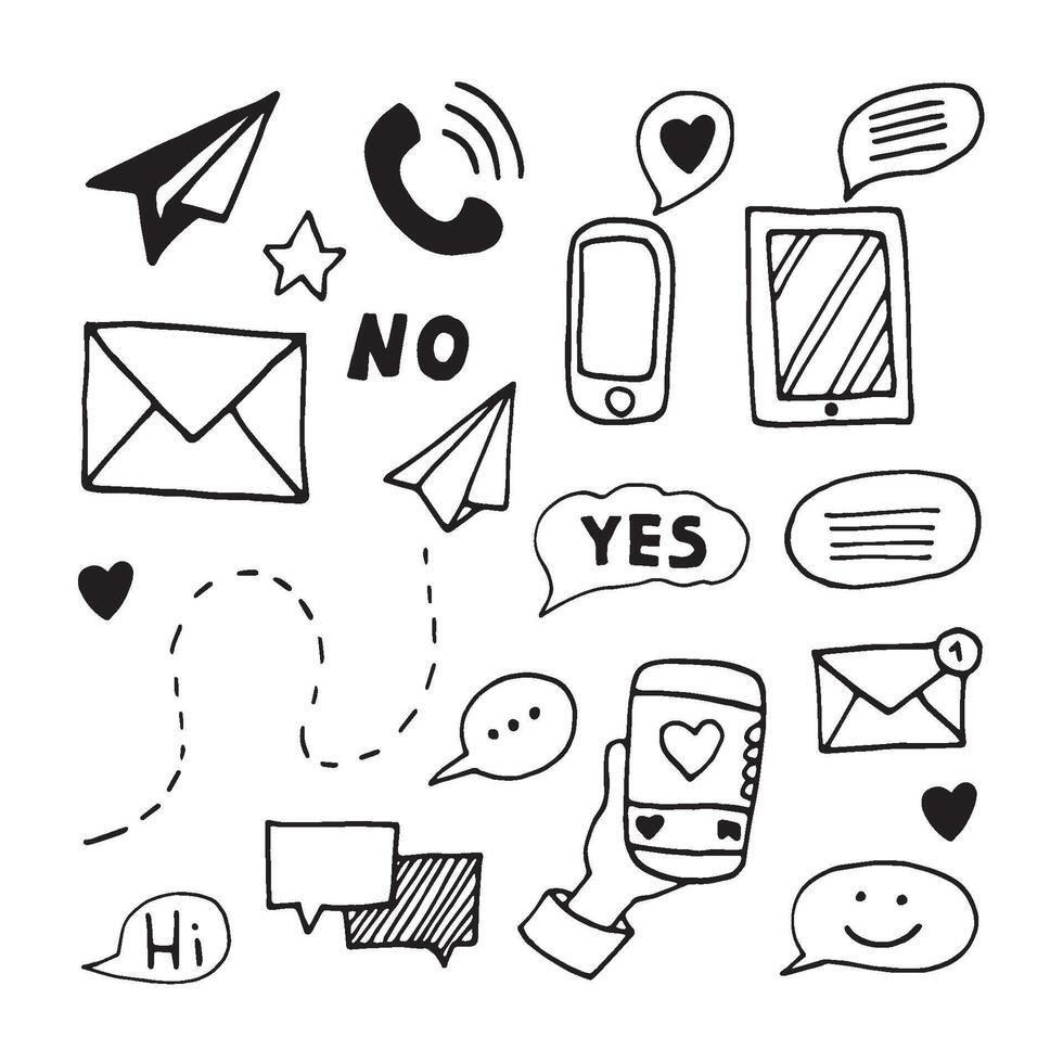 Set elements of message in doodle business set. Hand drawn illustration for cards, posters, stickers and professional design. vector