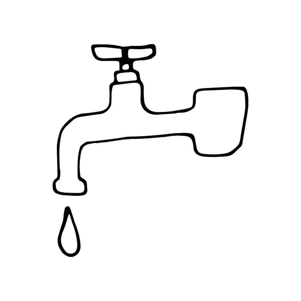 Single element of faucet with water drop in doodle ecology set. Hand drawn illustration about environment problems. Sketch elements set for graphic and web design. vector