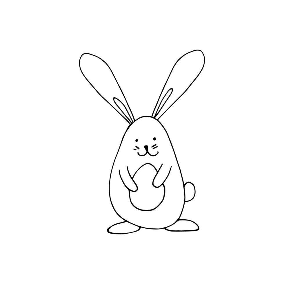 Super cute, adorable bunny with eggs for easter design. Funny, hand drawn illustration in doodle style for poster, banner, print, decoration kids playroom or greeting card. vector