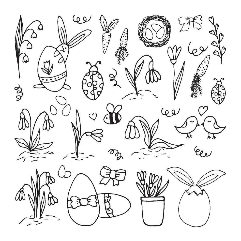 Set of hand drawn elements. Carrots, rabbit with eggs, bird, flowers, bee for easter design, greeting cards, posters, seasonal design. Isolated on white background. Doodle illustration. vector