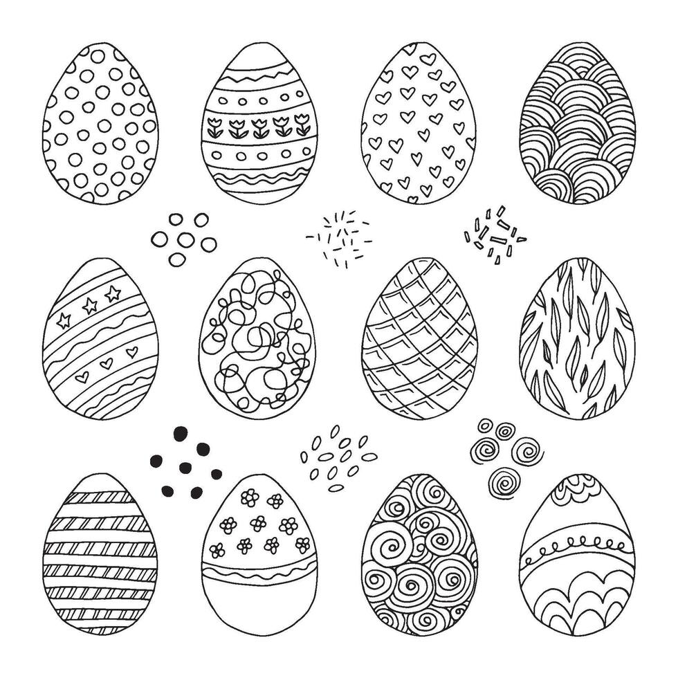 Big set hand drawn easter eggs with decoration. Doodle illustration in cute zenart style. Element for greeting cards, posters, stickers and seasonal design. Isolated on white background vector