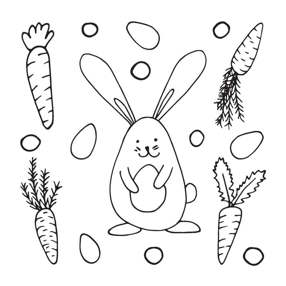 Set of hand drawn carrots and rabbit with eggs for easter design, greeting cards, posters, recipe, culinary design. Isolated on white background. Doodle illustration. vector