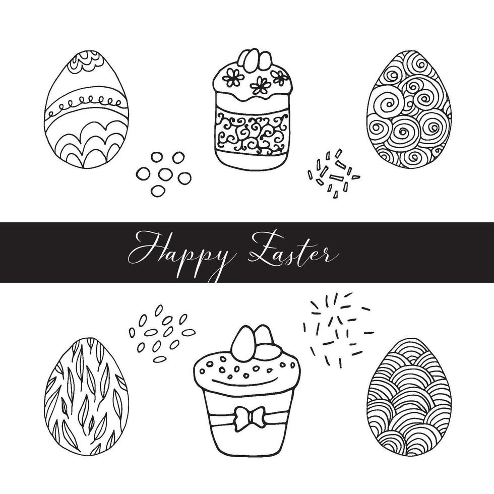 Set of hand drawn easter cake, bread with eggs. Doodle illustration in cute style. Element for greeting cards, posters, stickers and seasonal design. Isolated on white background vector