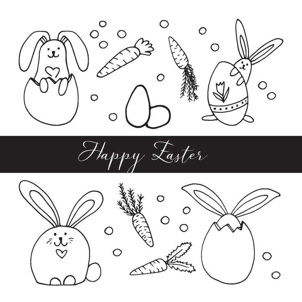 Set of hand drawn carrots and rabbit with eggs for easter design, greeting cards, posters, recipe, culinary design. Isolated on white background. Doodle illustration. vector
