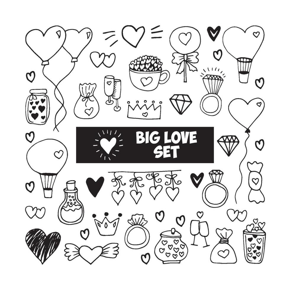 Big set doodle elements for valentine's day cards, posters, wrapping and design. Hand drawn heart, isolated on white backdrop. Geometric shape and symbol. vector