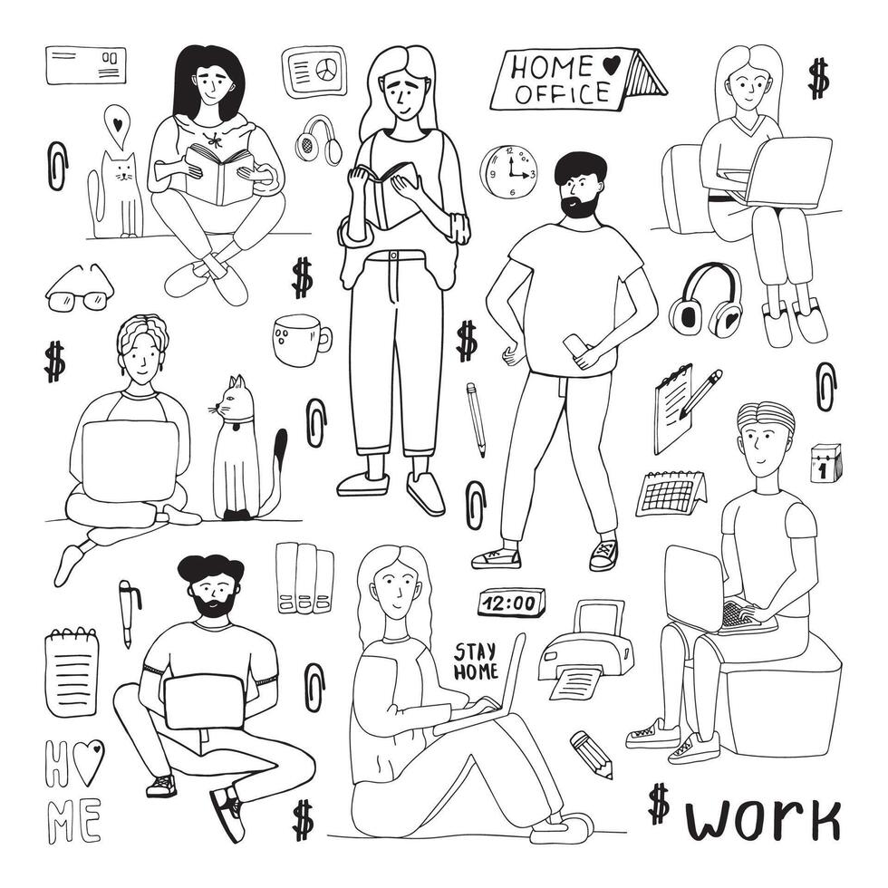 Cute hand drawn doodle set with people, men women. Stay Home, work in home. Freelance. vector