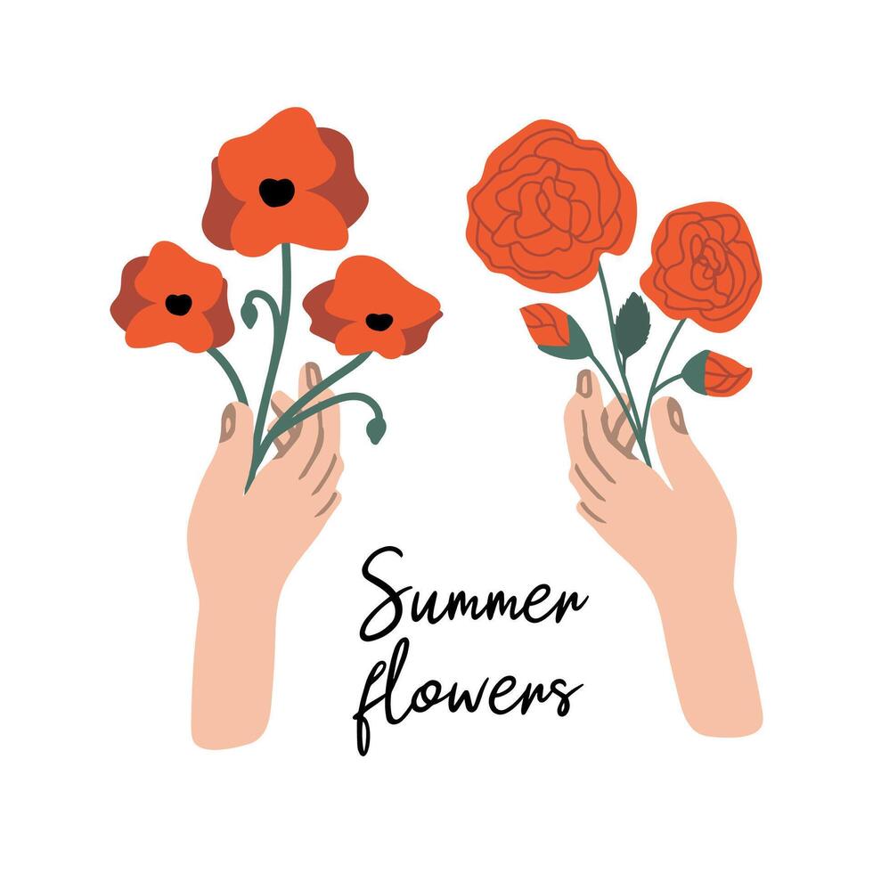 Hand drawn doodle illustration of palm, hand with poppy and roses. Human concept design. gesture for summer and spring design. vector