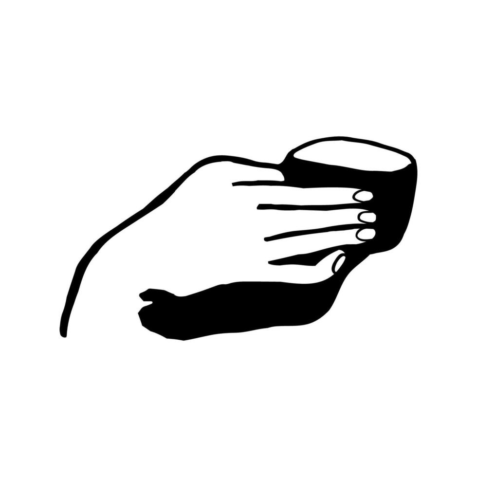 Hand drawn doodle illustration of palm, hand with cup of coffee. Women concept design. Symbols of feminism and body positivity movement. Pointer sign, gesture vector