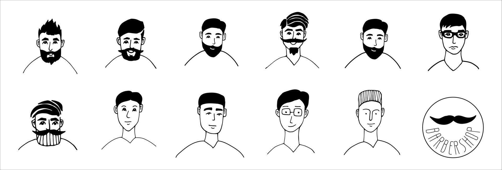 Cute hand drawn doodle portrait men set. For barbershop logo with different haircuts. Positive doodle people. Isolated on white background. vector