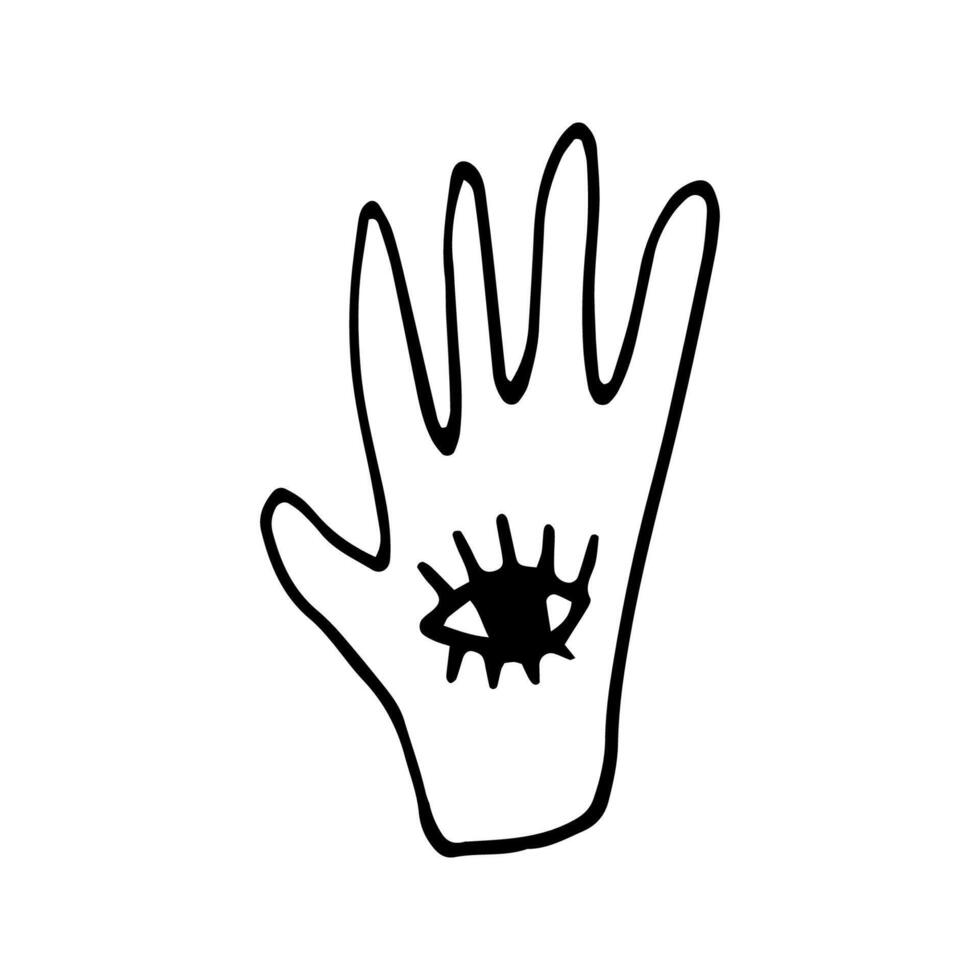 Cute doodle elements about magic and chiromancy, divination. Hand drawn hand with magical symbols. Isolated on white backdrop. vector