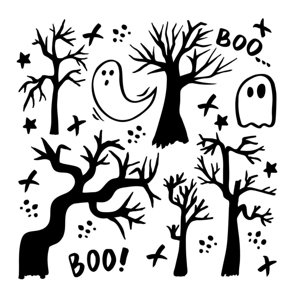 set of halloween clipart. Funny, cute illustration for seasonal design, textile, decoration kids playroom or greeting card. Hand drawn prints and doodle. vector