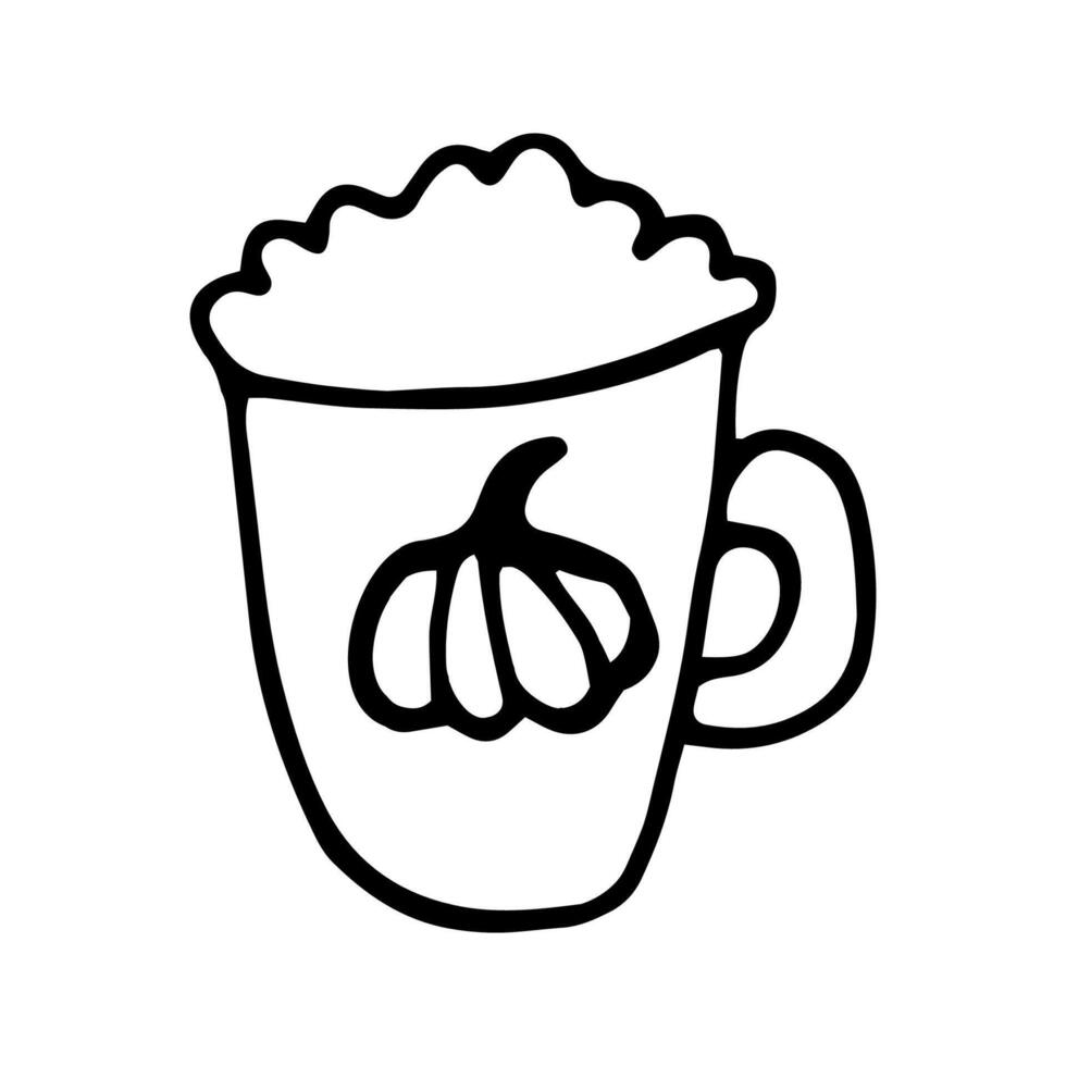 Single hand drawn cup of pumpkin coffee, chocolate, cocoa or cappuccino. Doodle illustration for seasonal autumn, fall design. vector